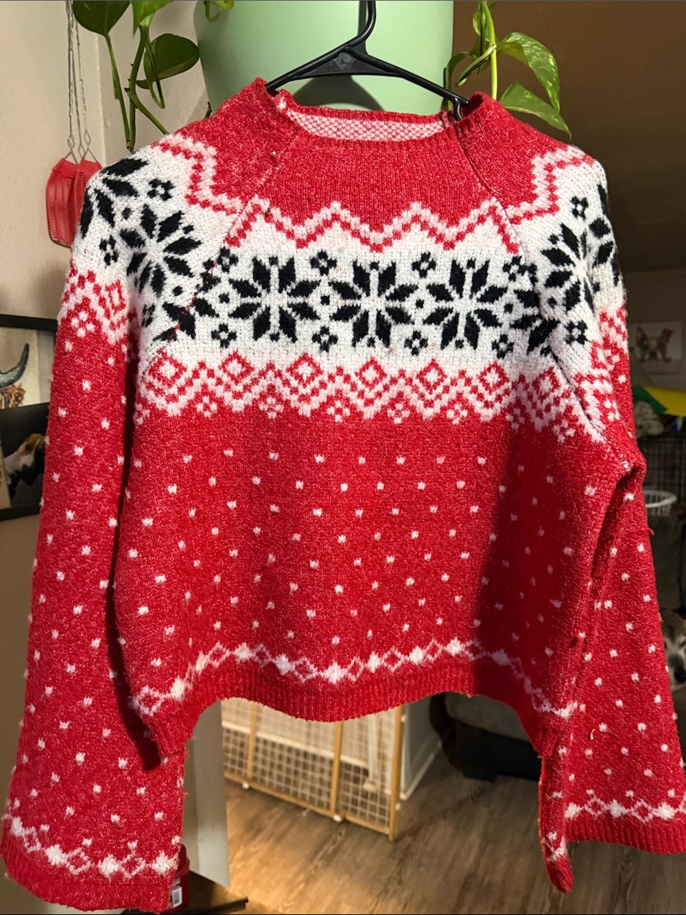No Boundaries Red Fair Isle Crewneck Sweater with Black & White Pattern